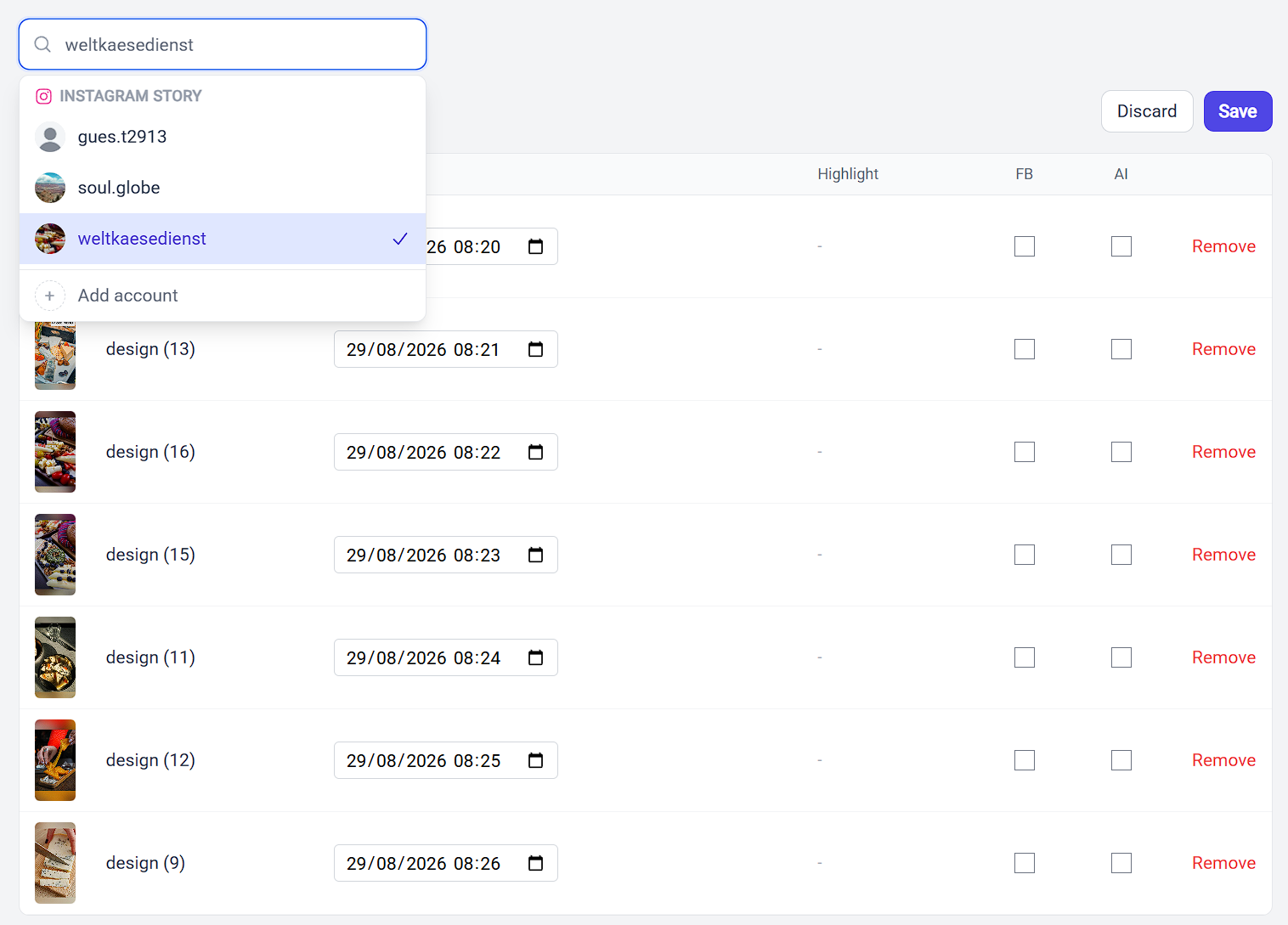 The account selector open above the bulk scheduling table