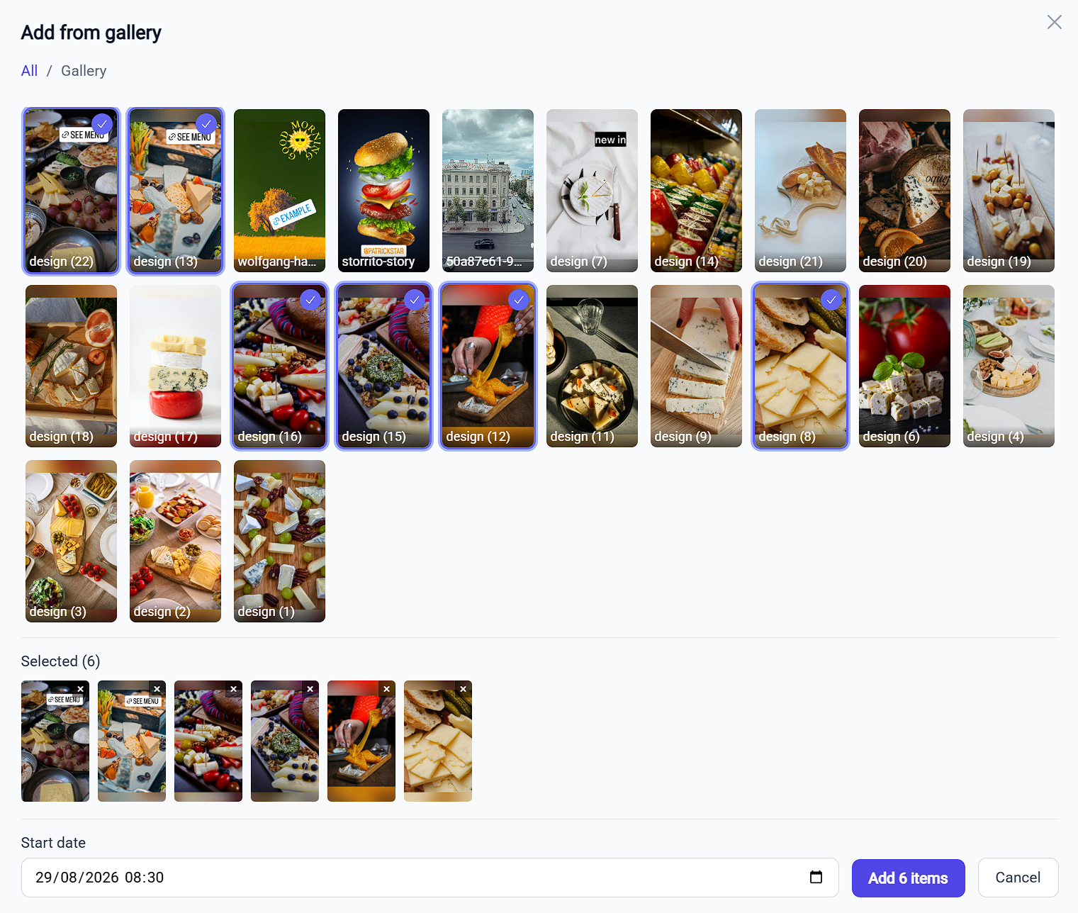 The Add from gallery dialog with six items selected and the Selected tray below