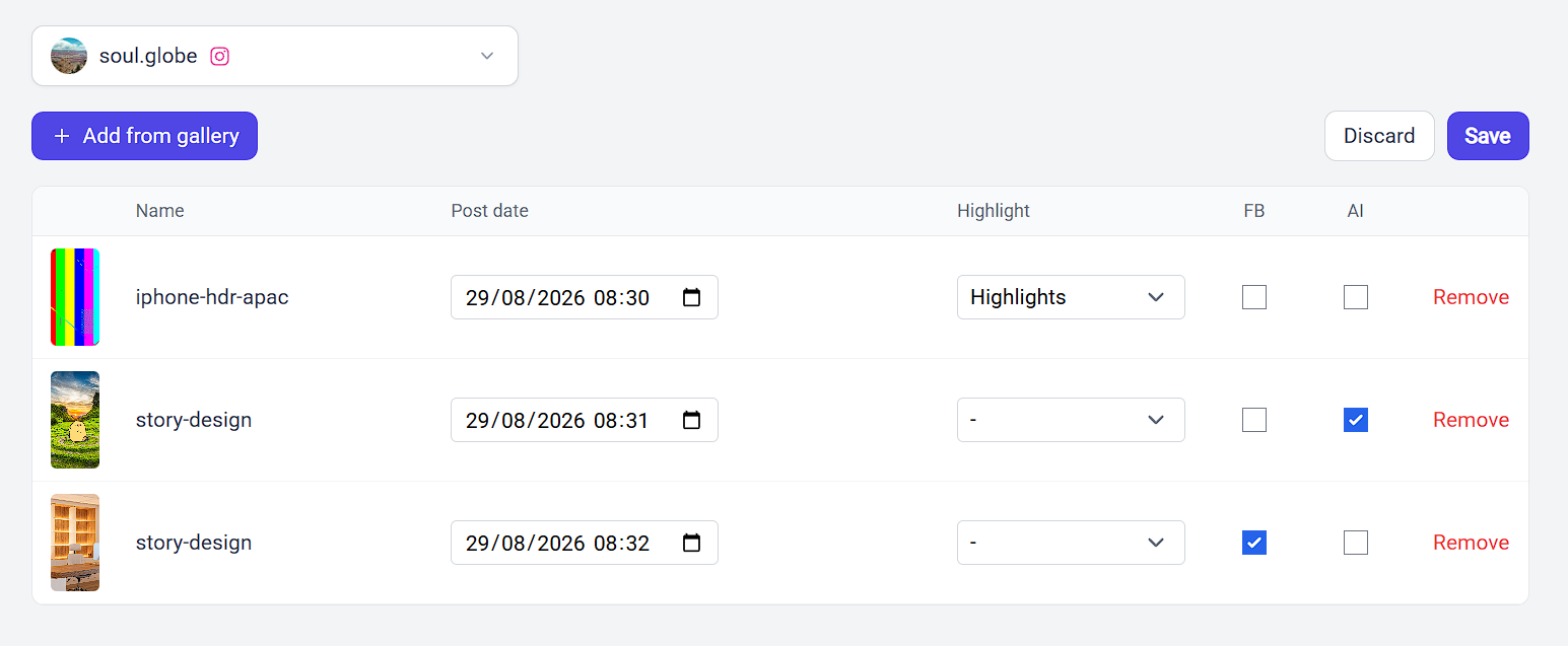 A table row with a Highlight album chosen, and other rows with the AI and FB boxes ticked