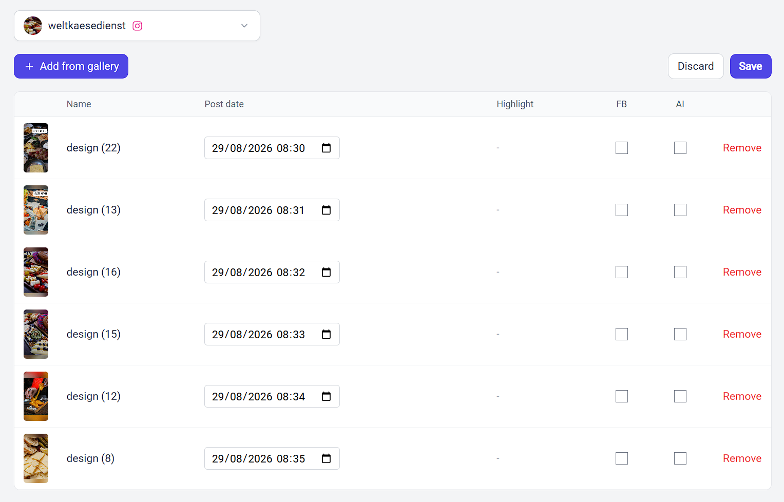 The bulk scheduling table, with one row per post