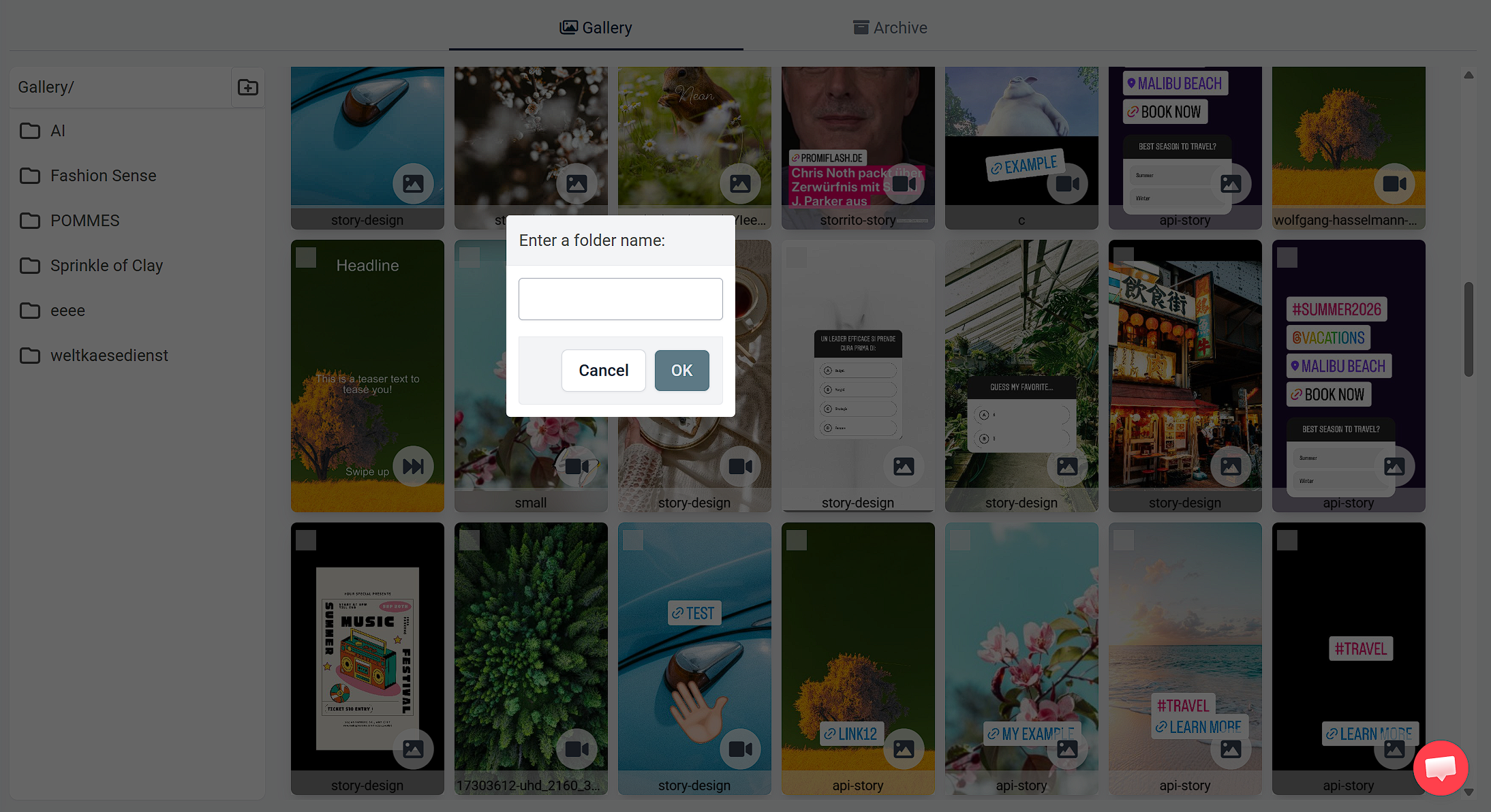 The Gallery folder panel on the left, with the Enter a folder name prompt open