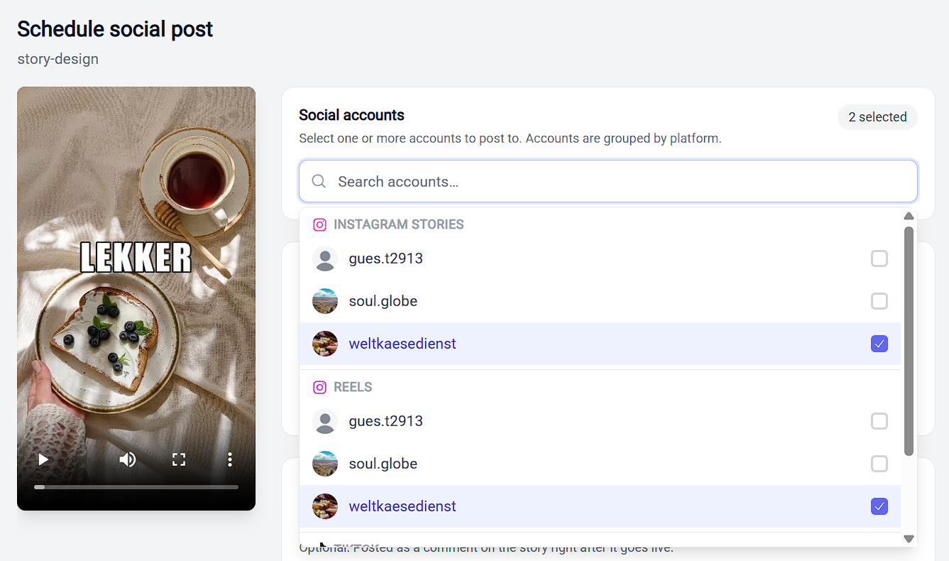 The account list open, showing the same Instagram account under both the Instagram Stories and Reels headings