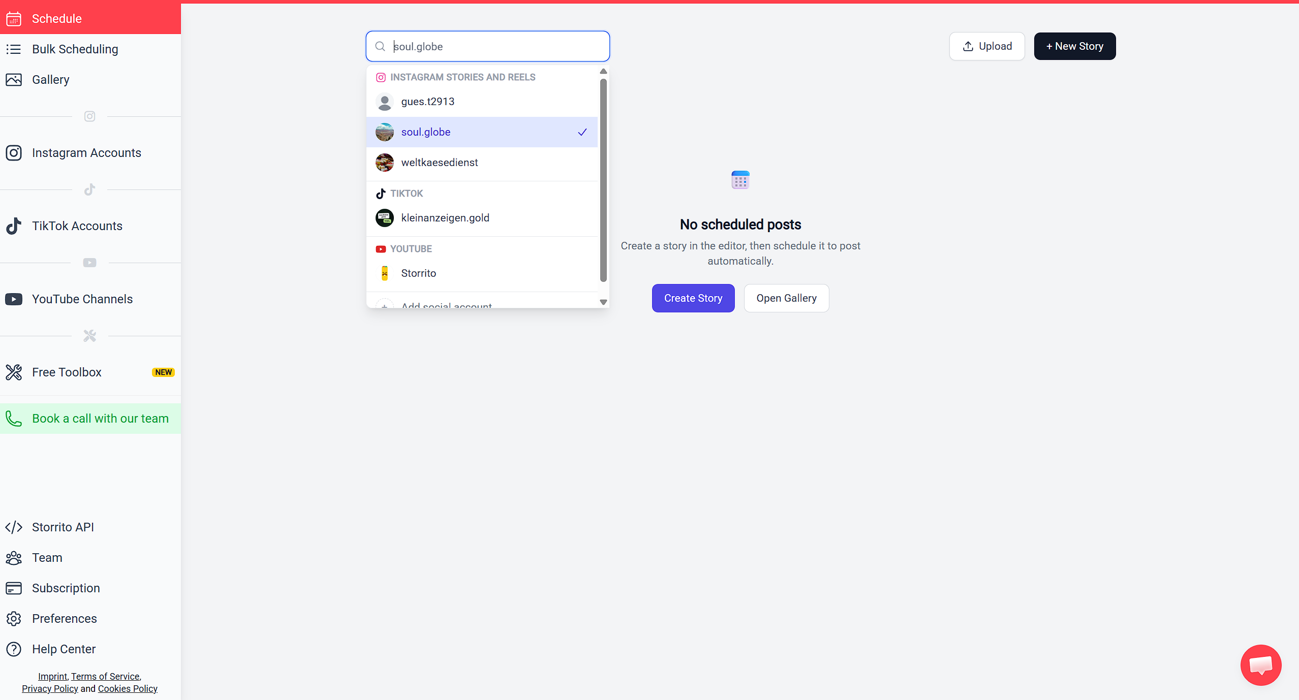 The Schedule page account selector open, with accounts grouped under Instagram Stories and Reels, TikTok, and YouTube
