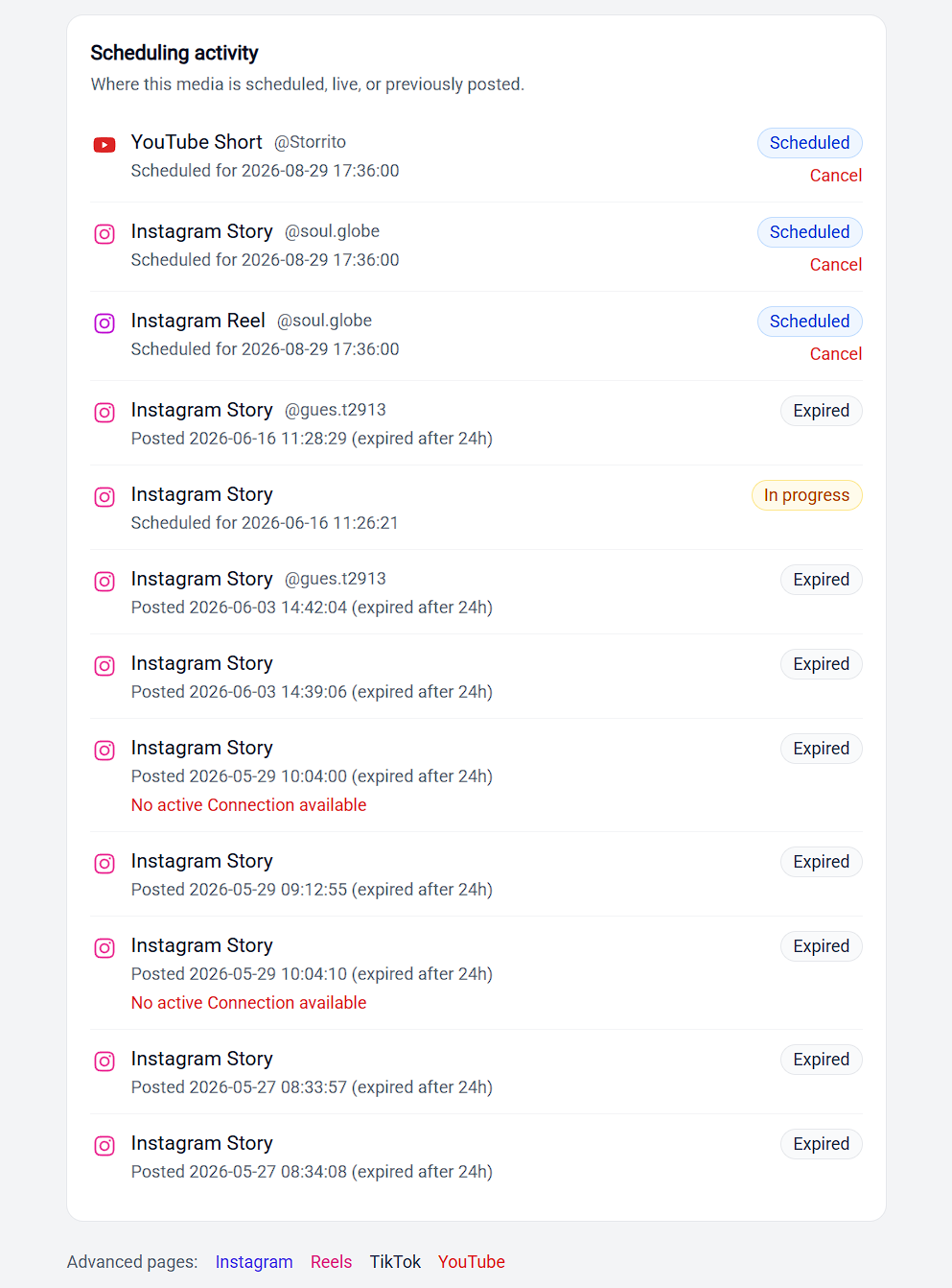 The Scheduling activity list showing scheduled, in progress, and expired entries
