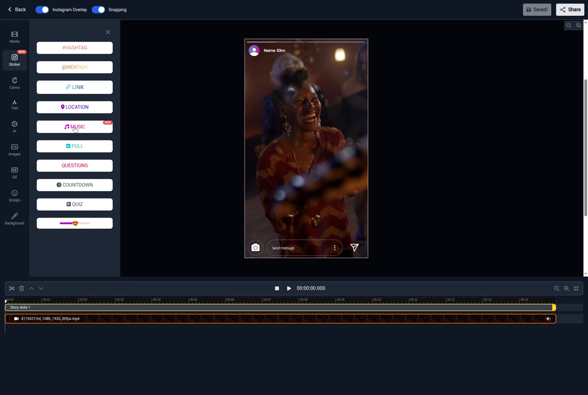 Step 1 — Open the Sticker panel and click MUSIC