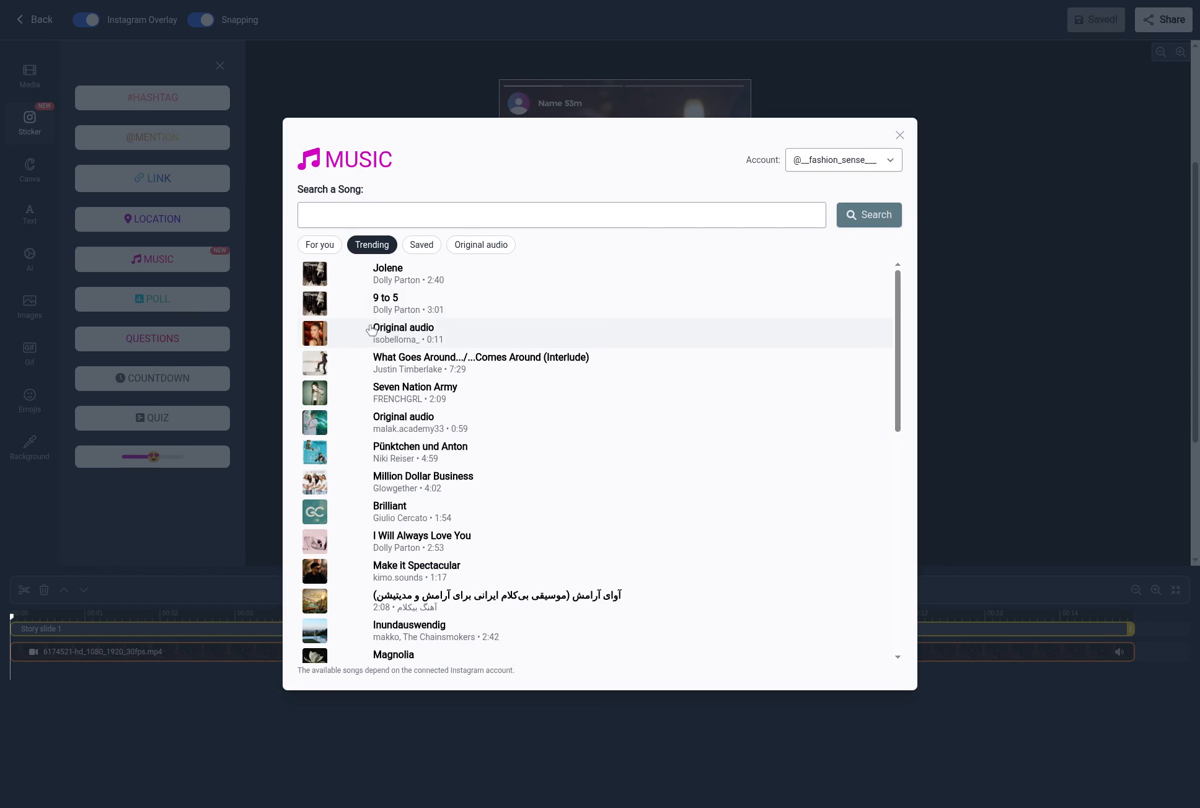 Step 2 — Browse or search Instagram's music catalog