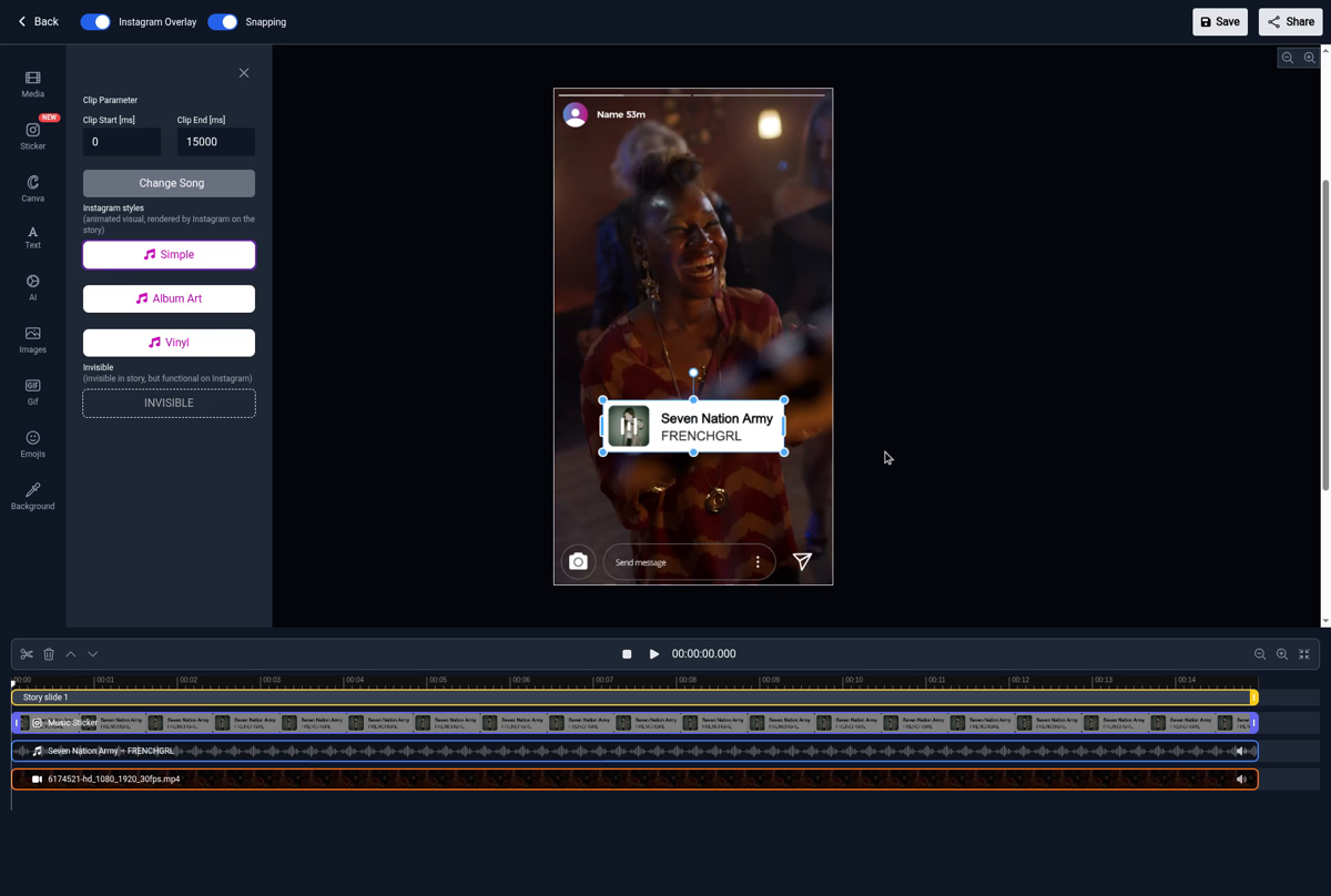 Step 4 — The sticker on the canvas and the audio track in the timeline