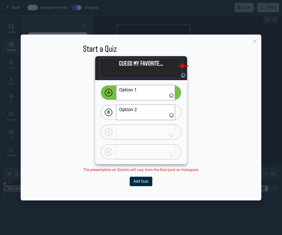 Step 2 — Click QUIZ to open the configuration dialog