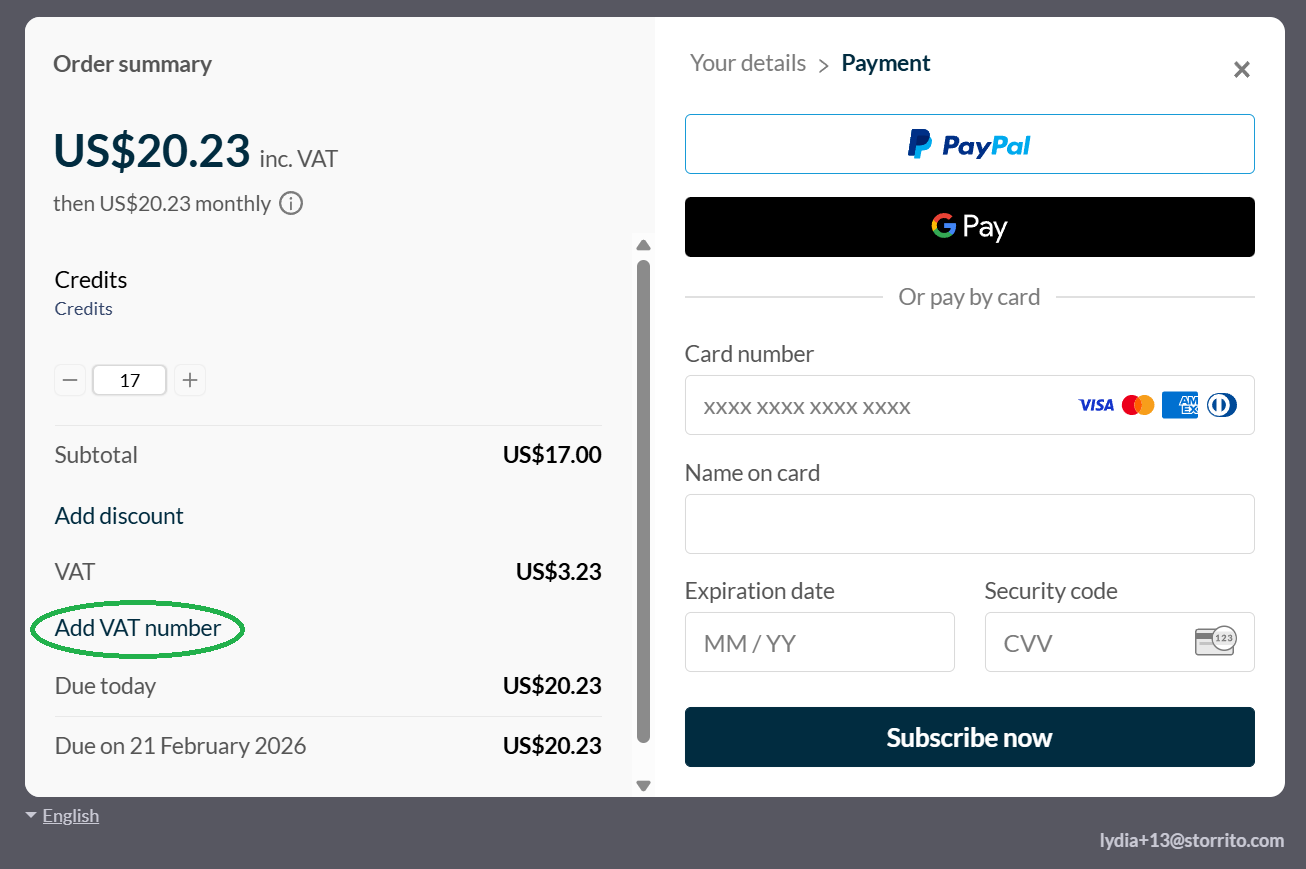 Click to add VAT and business information