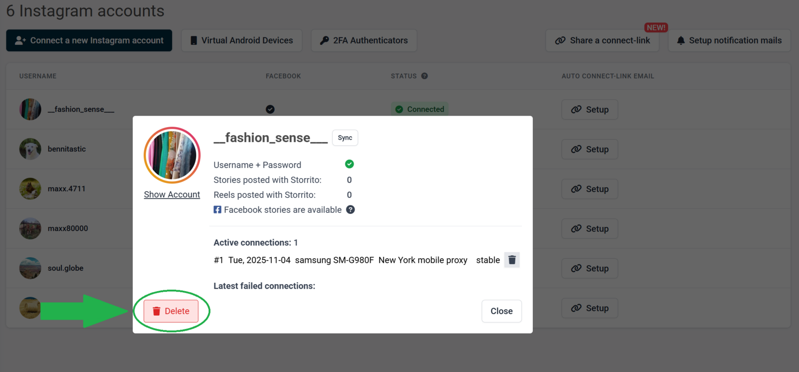 Delete your connection in Storrito