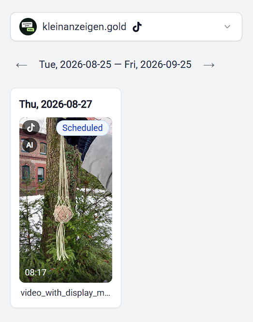 A scheduled TikTok post in the Agenda, with the AI badge stacked under the TikTok icon