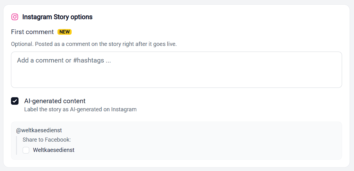 The Instagram Story options card with AI-generated content ticked