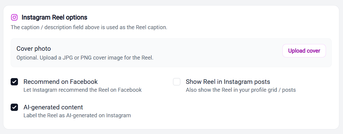 The Instagram Reel options card with AI-generated content ticked