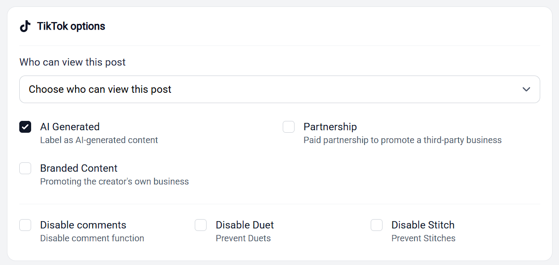 The TikTok options card with AI Generated ticked