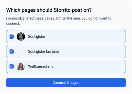 The page picker with three Facebook pages ticked and the Connect 3 pages button