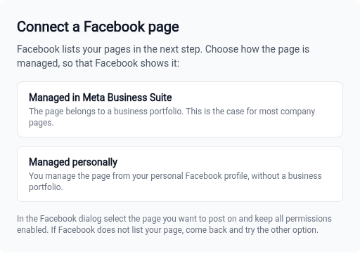 The Connect a Facebook page dialog with the Meta Business Suite and the personal option