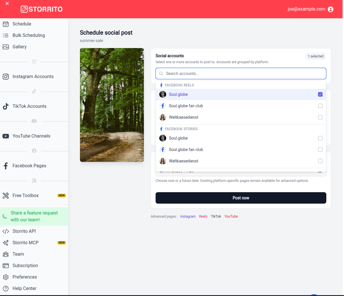 The account list with the Facebook Reels and Facebook Stories groups