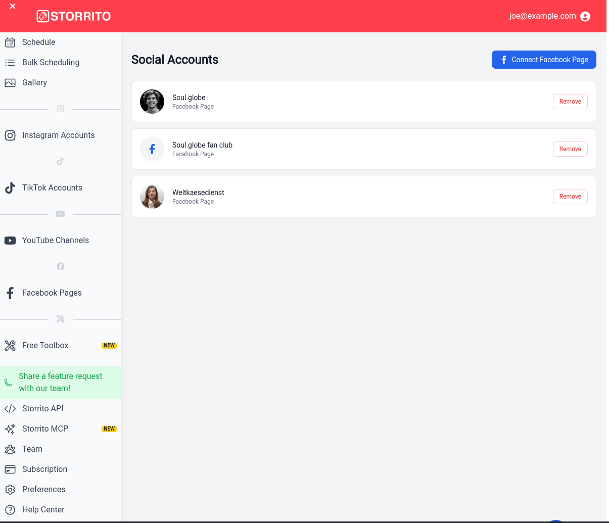 The Facebook Pages page with three connected pages