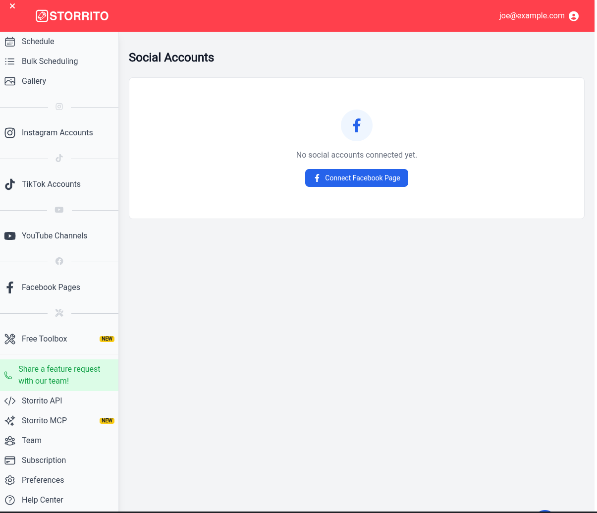 Facebook Pages in the left menu, below YouTube Channels, with the Connect Facebook Page button