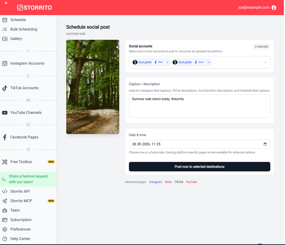 The scheduling page with a Reel and a Story selected for the same page