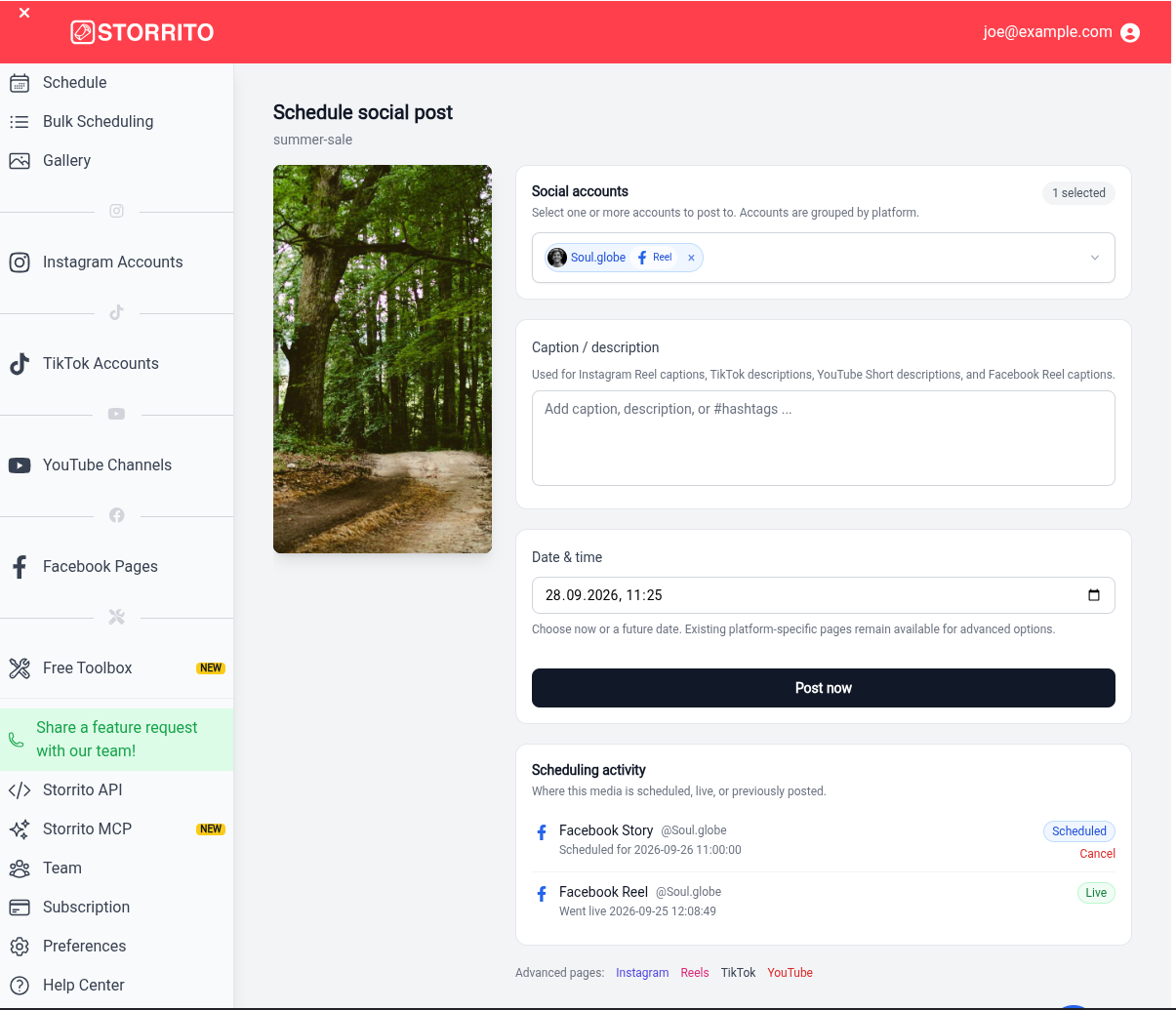 Scheduling activity with a live Facebook Reel and a scheduled Facebook Story