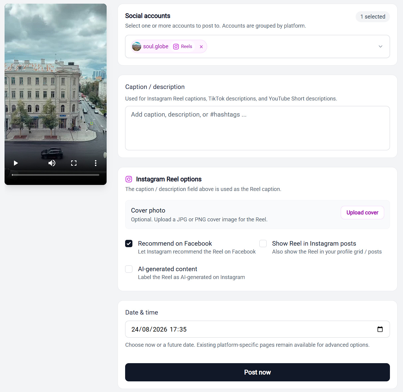The Instagram Reel options card, with the cover photo upload and the three checkboxes