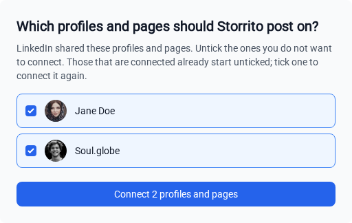 The picker with a personal LinkedIn profile and a company page ticked