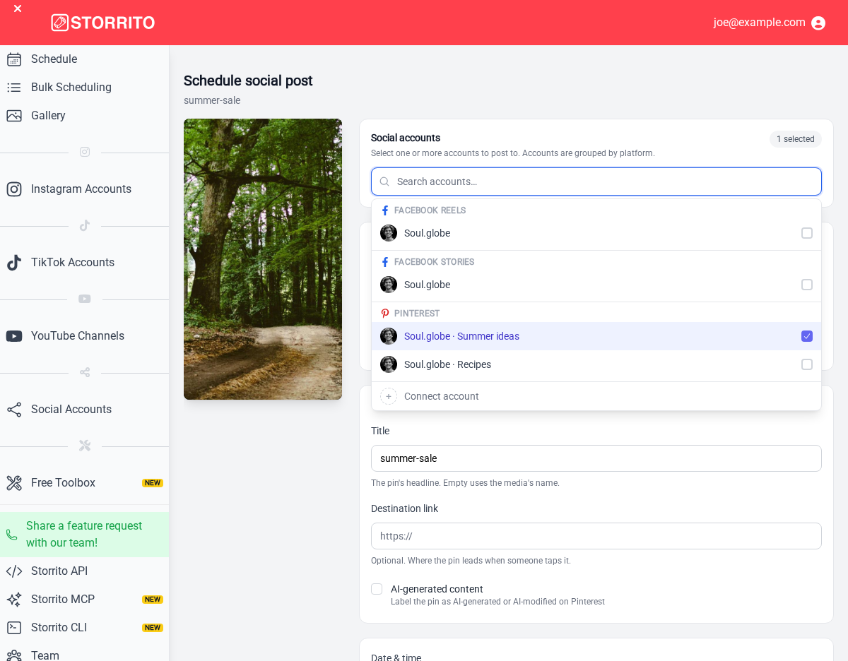 The account list with two boards under Pinterest