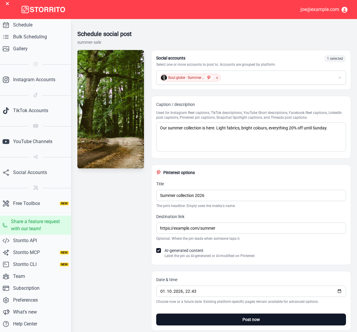 Pinterest options with a title, a destination link, and AI-generated content ticked