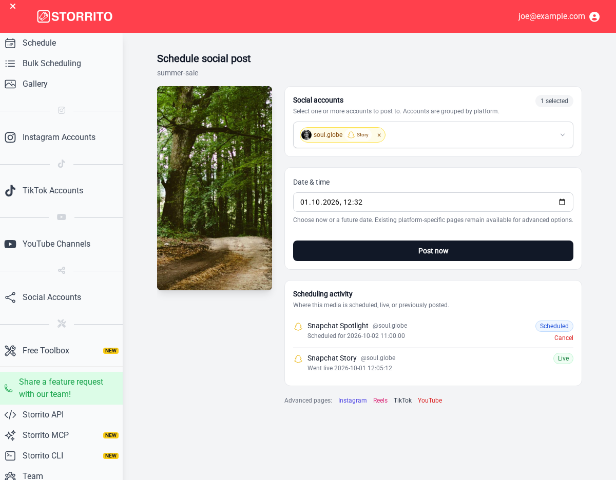 Scheduling activity with a scheduled Spotlight and a live Story