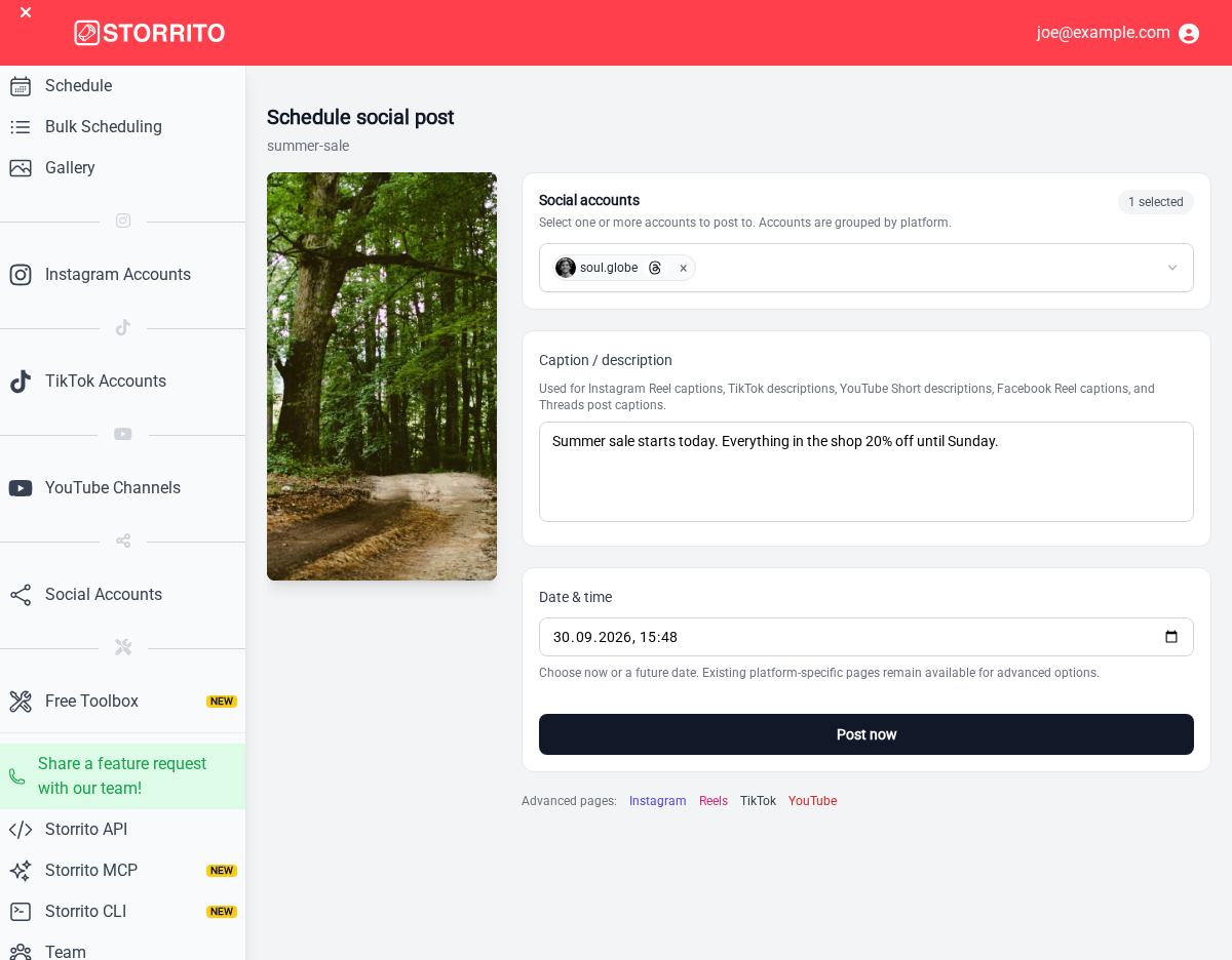 The scheduling page with a Threads post and a caption