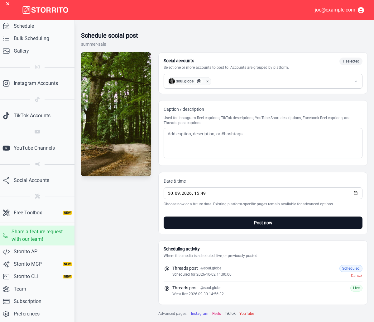 Scheduling activity with a scheduled and a live Threads post