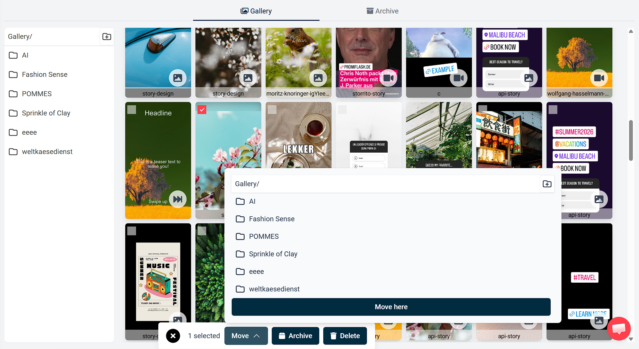 Media selected in the Gallery, with the Move menu open on the folder list and a Move here button