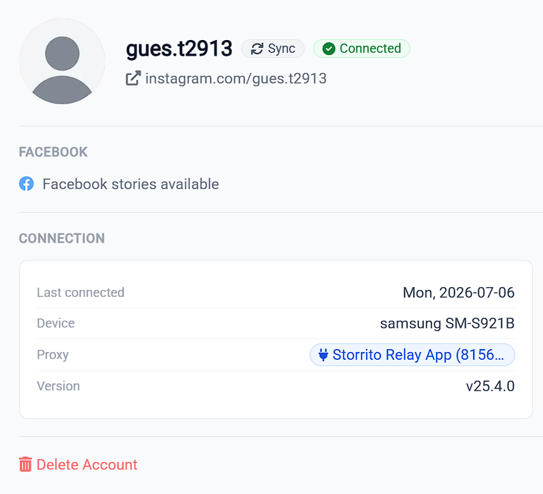 The same account window with no Facebook link, showing only the words Facebook stories available