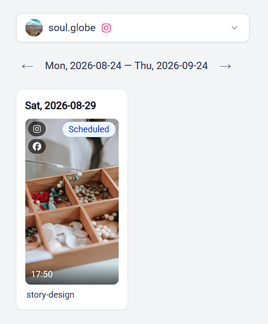 A card on the Schedule page with a Facebook icon stacked under the Instagram icon
