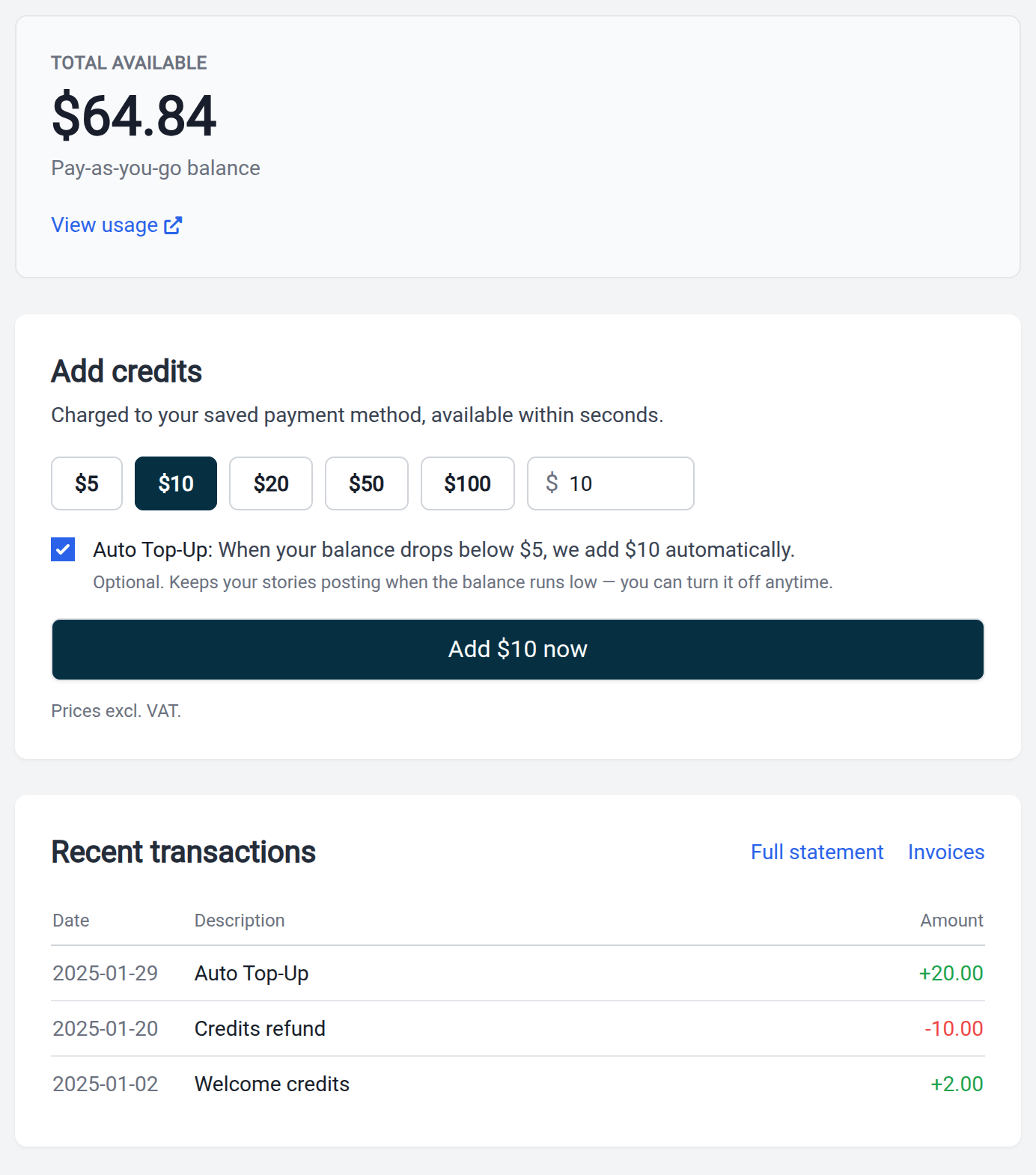 The credits page with the balance, the amounts to add and the recent transactions