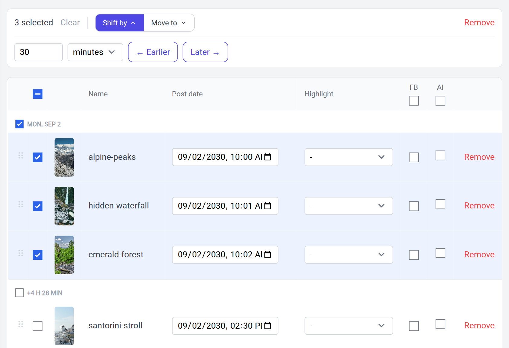 Bulk scheduling with three selected stories and the tool that shifts them by 30 minutes