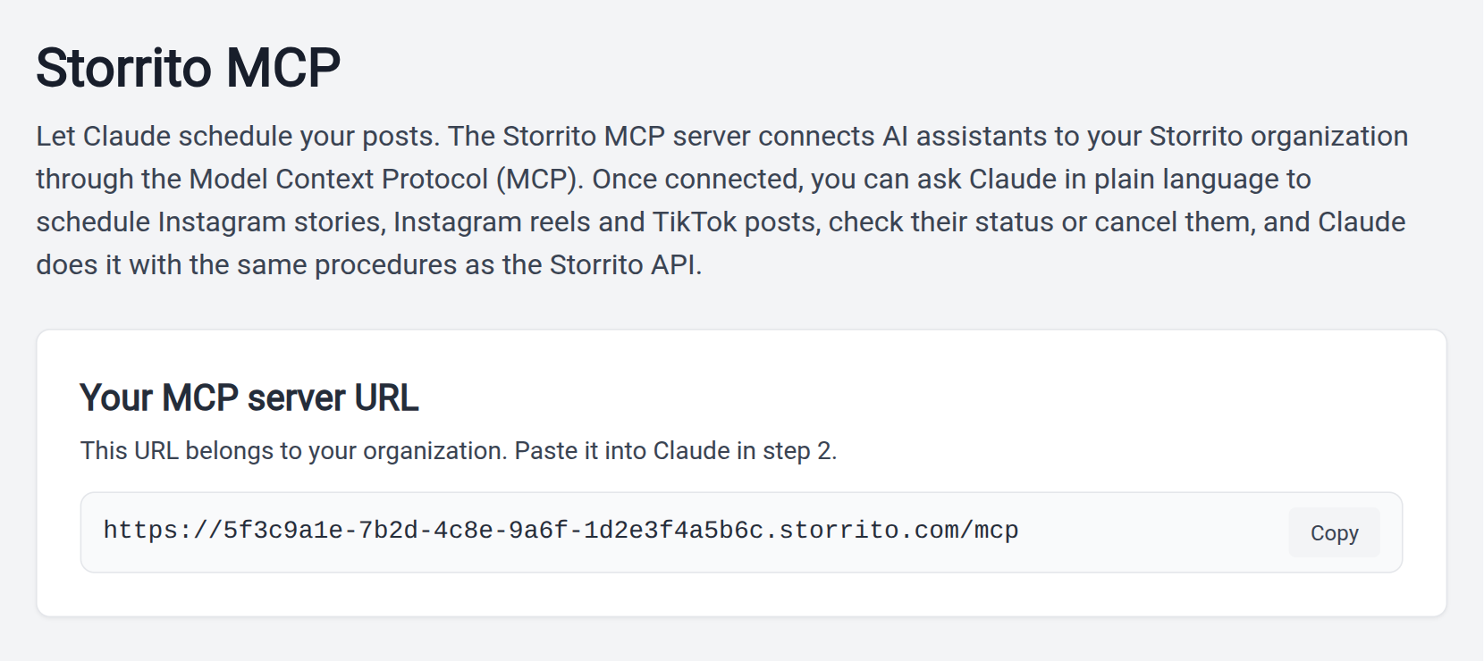 The Storrito MCP page with the address of the MCP server