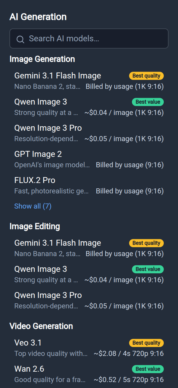 The AI Generation panel with models for image generation, image editing and video