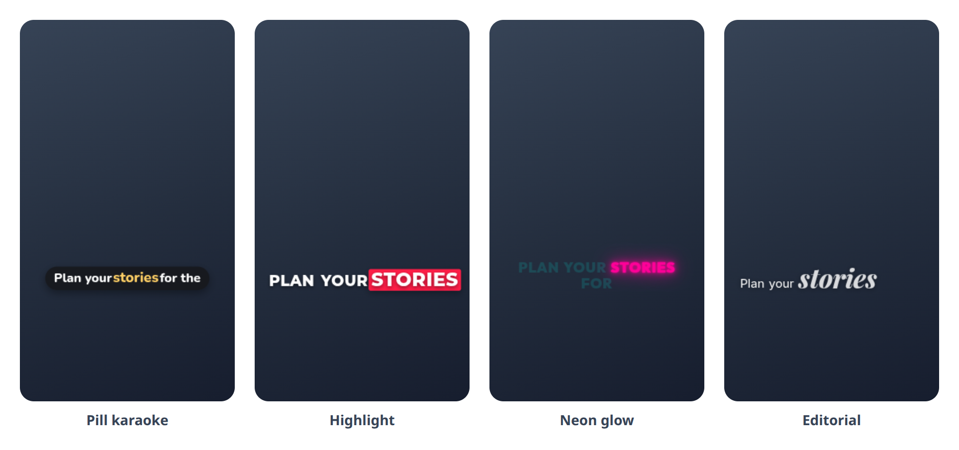 Four of the 16 caption styles, each with the spoken word highlighted