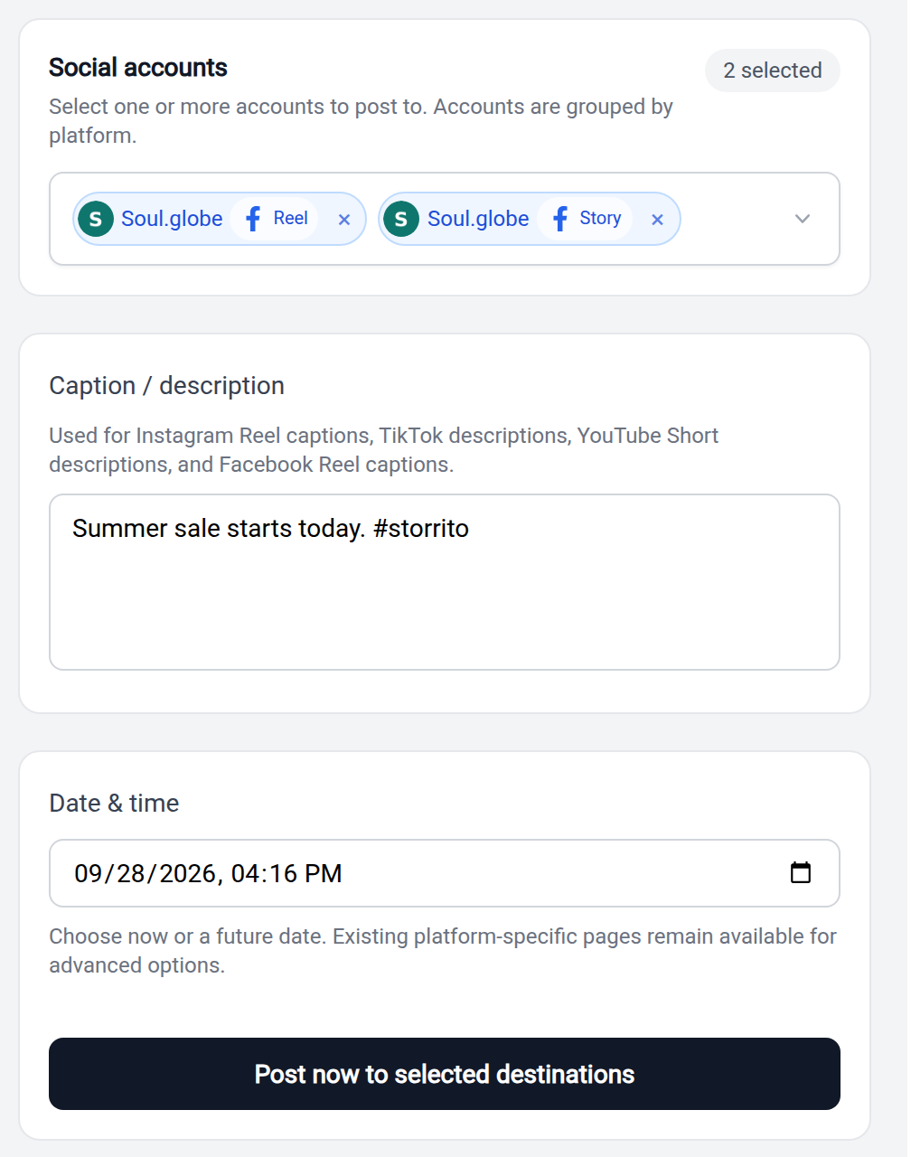 The scheduling page with a Reel and a Story selected for the same Facebook Page